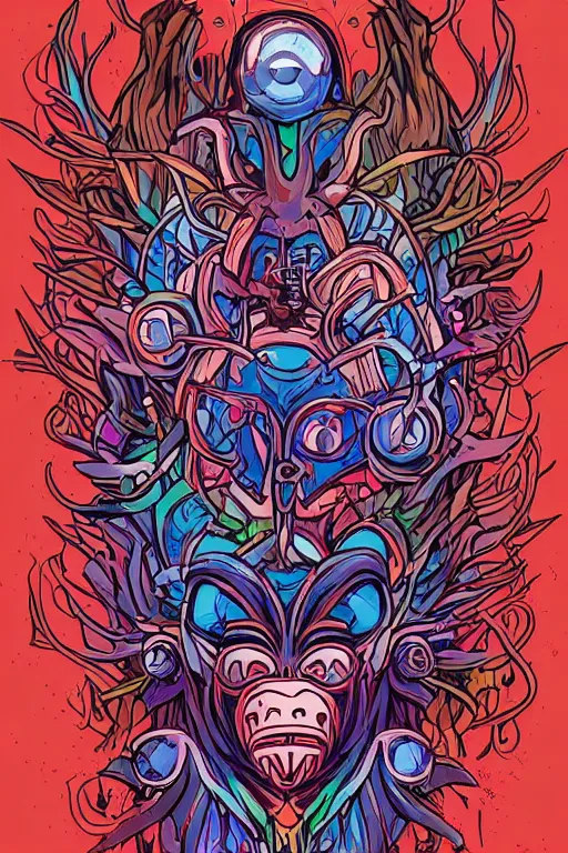 Image similar to animal mask totem roots flower tribal feather gemstone plant wood rock shaman vodoo video game vector cutout illustration vivid multicolor borderlands comics by josan gonzales and dan mumford radiating a glowing aura