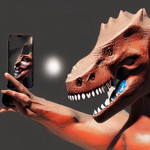 Prompt: photography, 3 d render, cellphone, dinosaur, water, mixed