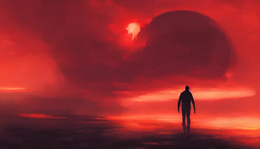 Image similar to silhouette of tiny man walking away from camera, circular, orb, tornado, very wide angle, low horizon, seen from behind, symmetry, dramatic, red, fire, ( land ), by greg rutkowski, artstation