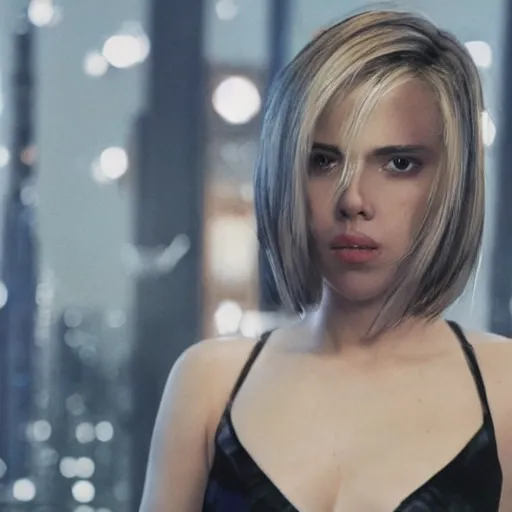 Prompt: a beautiful medium - shot still of scarlett johansson from ghost in the shell looking off into the distance, a - line bob hairstyle, black hairs, ultra realistic, soft, blue hour, soft neons light from night city falling on her face. focus on her eyes and brows. by annie leibowitz