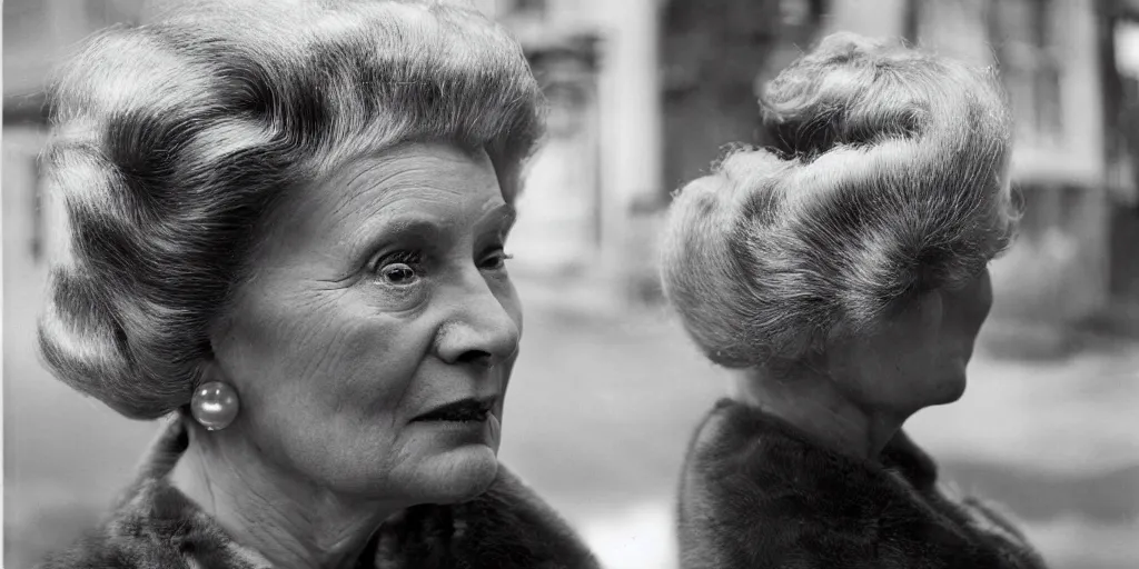 Image similar to detailed sharp photograph in the style of popular science circa 1 9 5 5 and gregory crewdson of a 1 9 5 0 s close up of an elderly woman wearing a mink stole and pearls with a white bouffant hairdo looking into a 1 5 0 mm lens