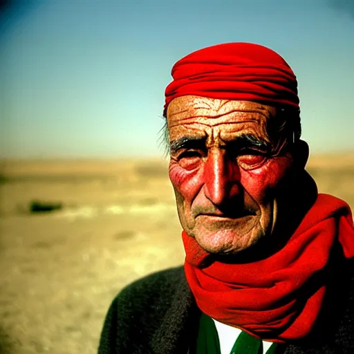 Image similar to portrait of president lyndon b johnson as afghan man, green eyes and red scarf looking intently, photograph by steve mccurry