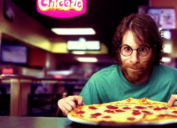 Prompt: portrait of charlie kaufman eating pizza at chuck - e - cheese with sloppy cheesy sauce getting slopped up all over the place, dramatic lighting, moody film still from being john malkovich ( 2 0 0 1 ), 3 5 mm kodak color stock, 2 4 mm lens, directed by spike jonze, ecktochrome