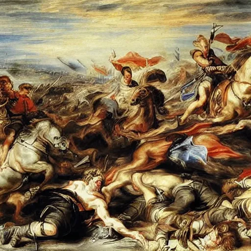 Image similar to A painting of a battlefield, with soldiers fighting and dying, by Peter Paul Rubens