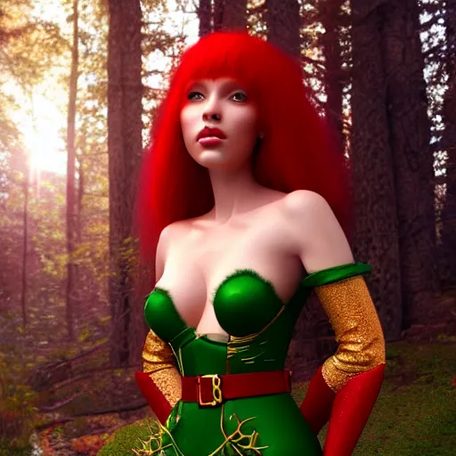 Prompt: Portrait of a red haired beautiful elf queen in red, gold and green dress in the middle of the forest. ArtStation, Fantasy, 8K, Highly Detailed.