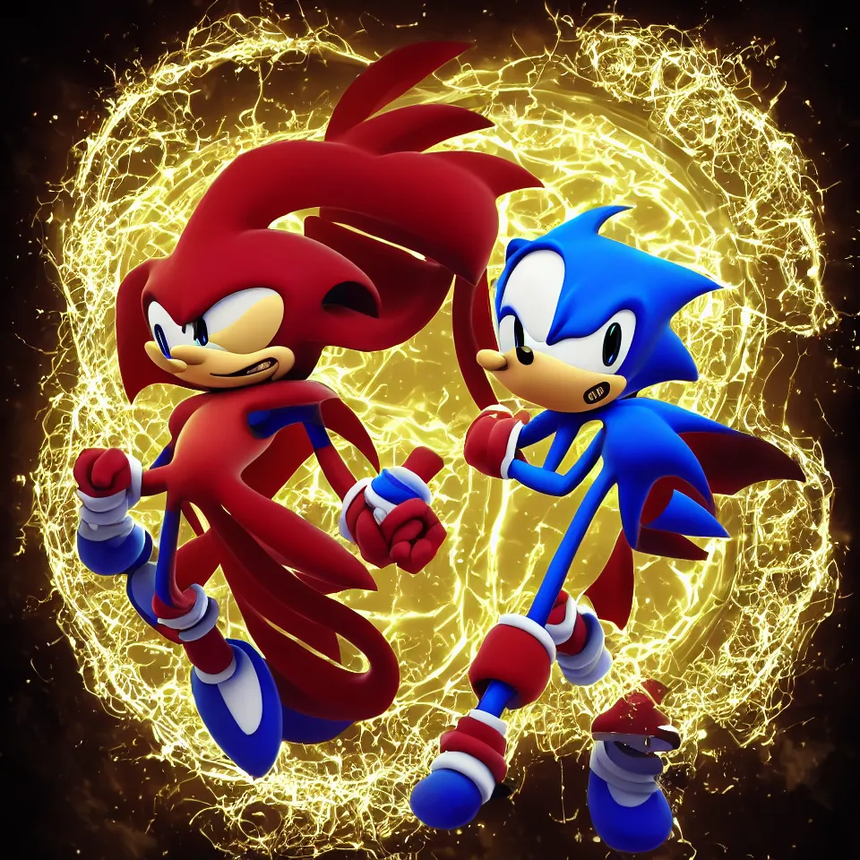 Prompt: xenophanes sonic in a gold ring portal shooting red static trending on artstation