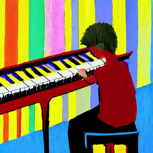 Image similar to teenager playing piano music art colorful notes moving dinamic fuzzy cool brush strokes stains lines colors