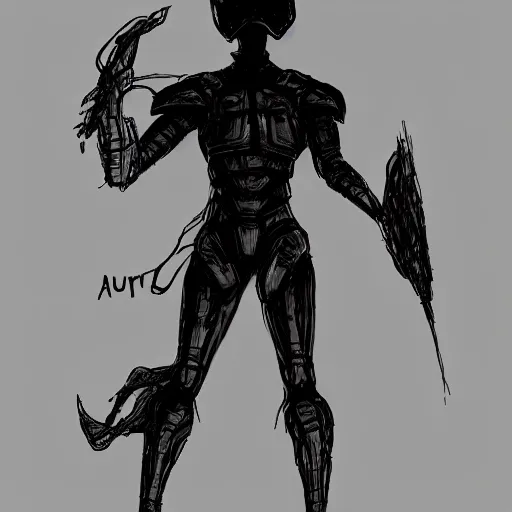 Image similar to concept art, stylized silhouette, long thin legs, large shoulders, concept design, sketch, male, science fiction suit, helmet, arthur rackham, trending on artstation