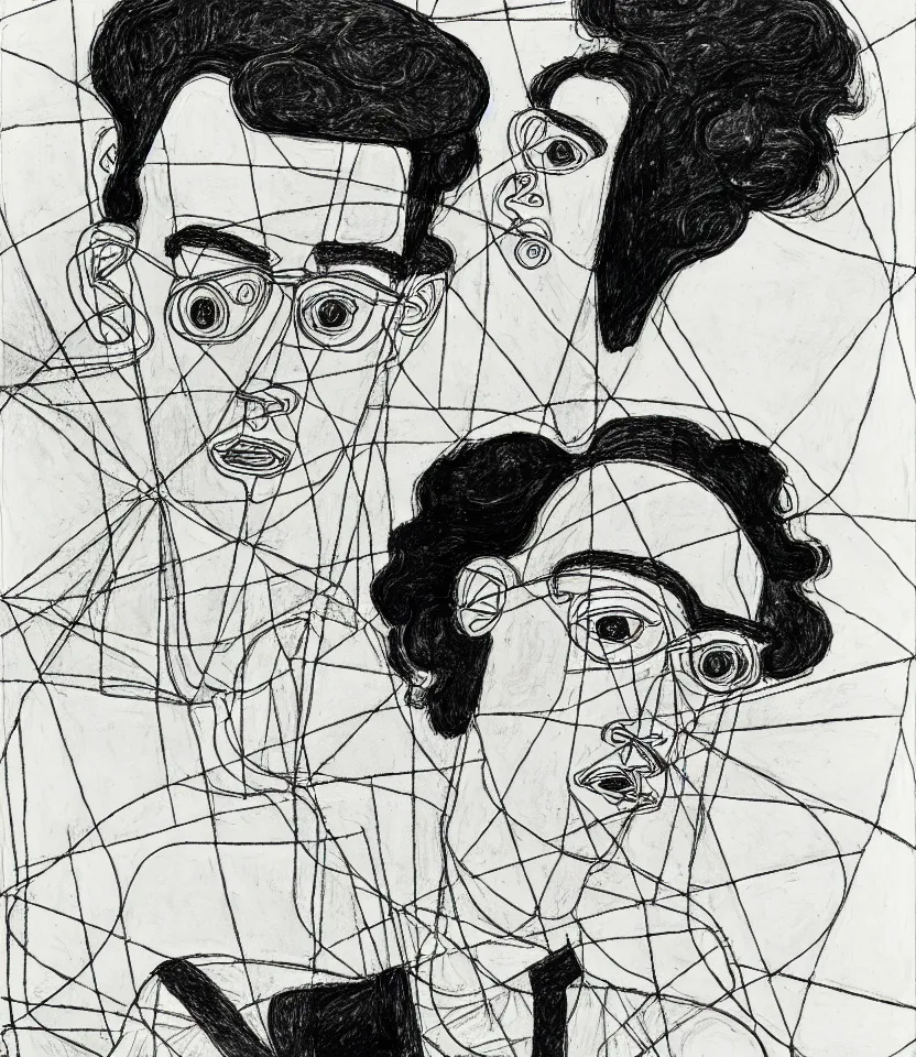 Image similar to detailed line art portrait of henri cartier - bresson, inspired by egon schiele. caricatural, minimalist, bold contour lines, musicality, soft twirls curls and curves, confident personality, raw emotion