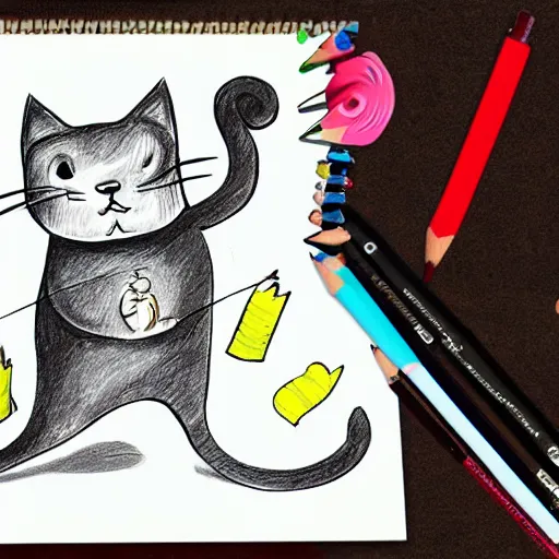 Image similar to a cat boxing with a big worm, cartoony, children's book, pencil drawing, colorful