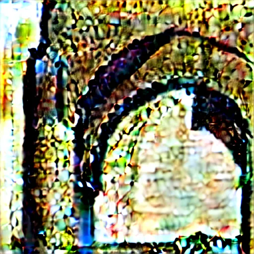 Image similar to flat primitive drawing, front view, full face, aqueduct with 4 arches