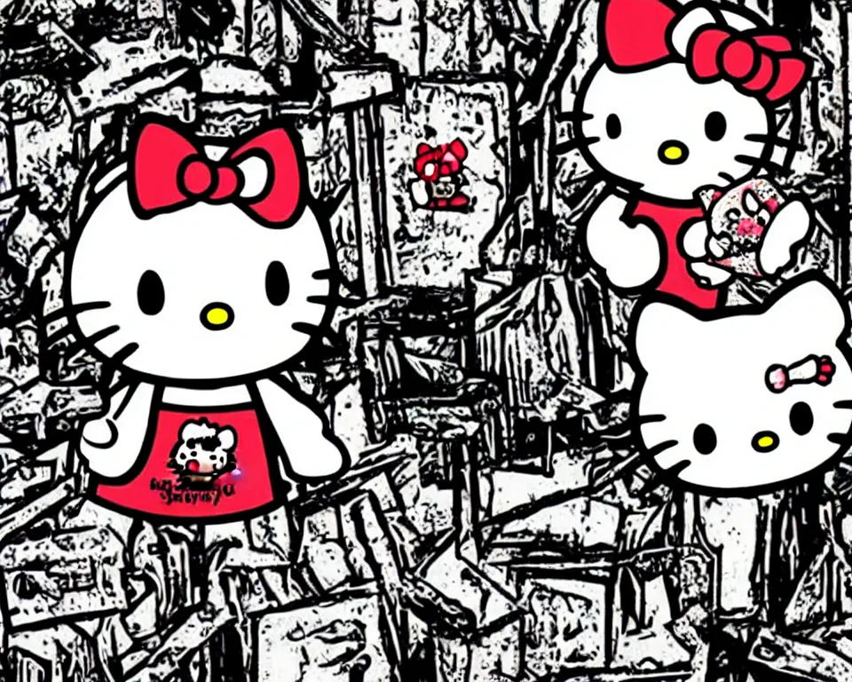 Prompt: a horror movie poster featuring Hello Kitty inside a burning house