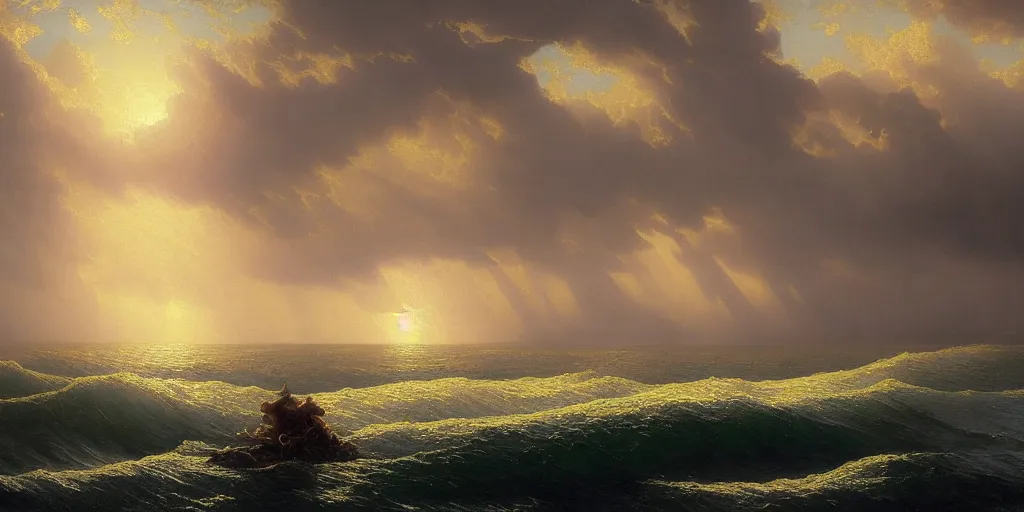 Prompt: Golden hour sea storm, incredible large octopus in the distance, Ivan Aivazovsky, Christopher Balaskas, Noah Bradley, Albert Bierstadt, Jim Burns, Edwin Church, Frederic Thomas Cole, Brown Durand, Asher David Friedrich, Caspar James Gurney, Johnson Heade, Martin Raphael Lacoste, Ted Nasmith, Andreas Rocha, Christophe Vacher