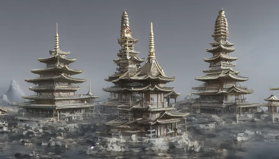 Prompt: japanese pagodas built on the moon with fountains with the earth in the background, hyperdetailed, artstation, cgsociety, 8 k