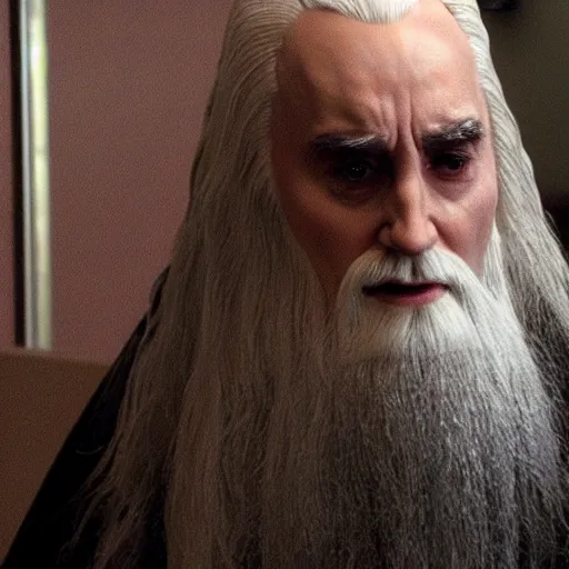 Prompt: saruman in the dunder mifflin office, realistic photograph