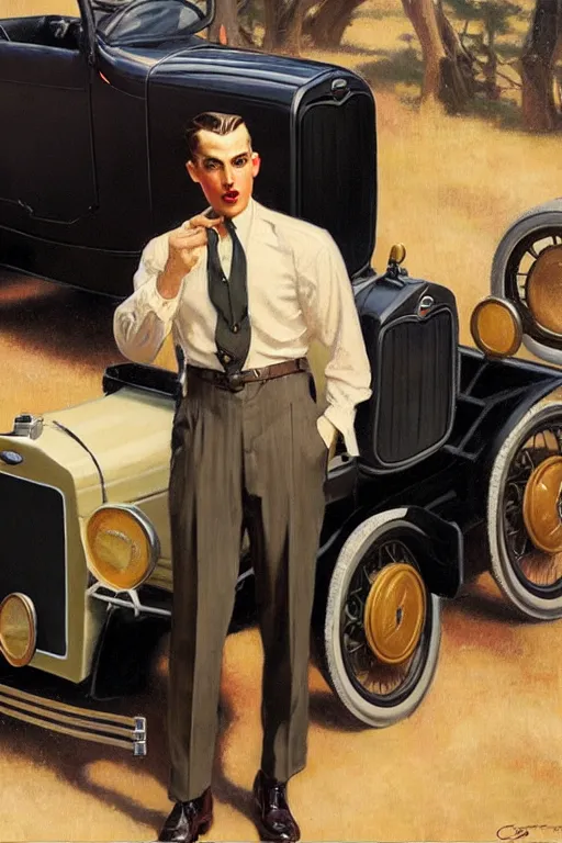 Prompt: attractive man standing in a 1 9 3 0 s suit near a ford model t, glossy oil painting by gaston bussiere, craig mullins, j. c. leyendecker, tom of finland