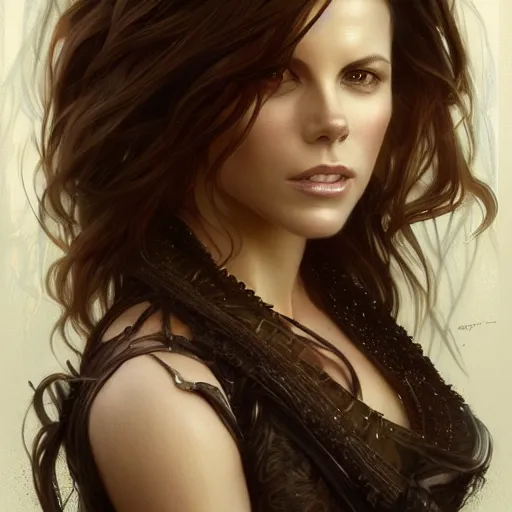 Image similar to portrait of a kate beckinsale, upper body, fantasy, intricate, elegant, highly detailed, digital painting, artstation, concept art, matte, sharp focus, illustration, art by Artgerm and Greg Rutkowski and Alphonse Mucha