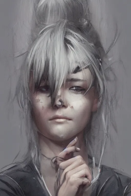 Prompt: girl, silver hair ponytail, multicam (((camo))), posing, (((trending on artstation))), beautiful face, cinematic full body shot, ilustration by Takehiko Inoue (((and Yoann Lossel)))