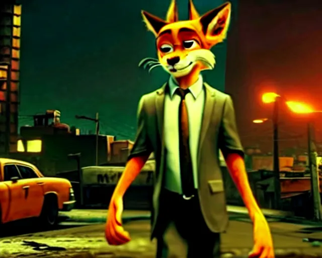 Image similar to nick wilde as max payne in max payne 3 set in gritty neo - noir zootopia, favela level