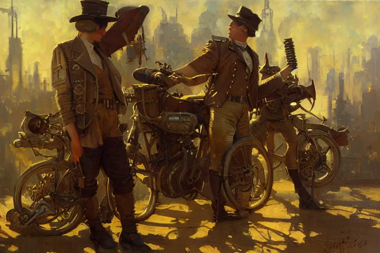 Image similar to dieselpunk, painting by gaston bussiere, craig mullins, j. c. leyendecker, tom of finland