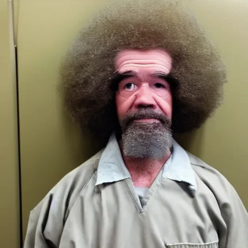 Image similar to jailphoto of a cute bob ross dressed as an inmate inside jail