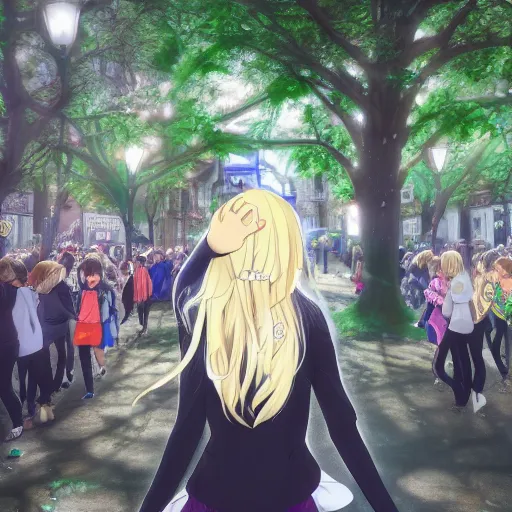 Image similar to blonde - haired princess, anime princess, wearing black jacket and white leggings, looking through crowd, town street, festival street, trees, green trees, blue lighting, blue sunshine, strong lighting, strong shadows, vivid hues, ultra - realistic, sharp details, subsurface scattering, intricate details, hd anime, 2 0 1 9 anime