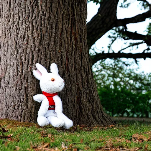 Prompt: a plush rabbit hand stitched with love and years of wear and tear now sat alone in thought wearing an old hand sewn karate uniform underneath a great old oak tree with big soft rabbit ears, photography, photorealistic, national geographic, sesame street