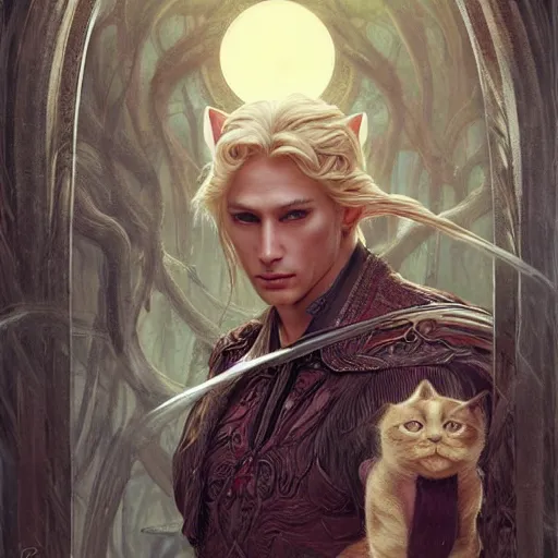 Image similar to in frame painting of an elven man with asian cat eyes with blond shiny moon hair, ultra realistic, concept art, intricate details, eerie, haunting, highly detailed, photorealistic, octane render, 8 k, unreal engine. art by artgerm and greg rutkowski and charlie bowater and magali villeneuve and alphonse mucha