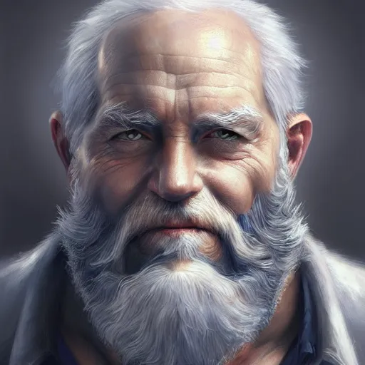 Prompt: Old man, blue open eyes, bushy white beard, digital painting, lots of details, extremely detailed, 4k, intricate, brush strokes, Mark Arian, Artgerm, Bastien Lecouffe-Deharme