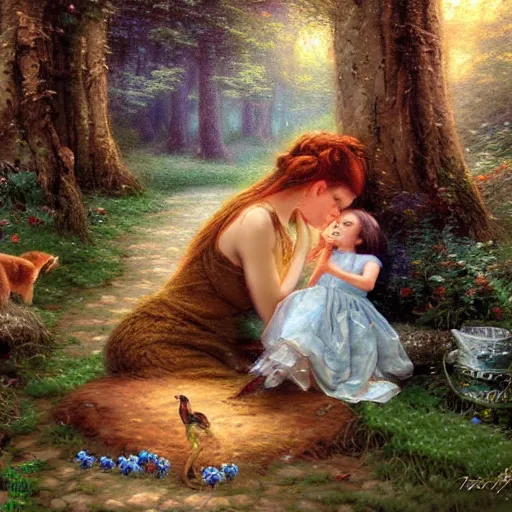 Prompt: forest sensual woman and her daughter eating animal in the forest, digital art, artwork, hihgky detailed face, thomas kindkade, fantasy, intricate