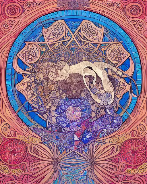 Image similar to fox carving art, cell shading, voronoi, fibonacci sequence, sacred geometry by Alphonse Mucha, Moebius, hiroshi yoshida, Art Nouveau, colorful, ultradetailed, 2 vivid colour, 3d