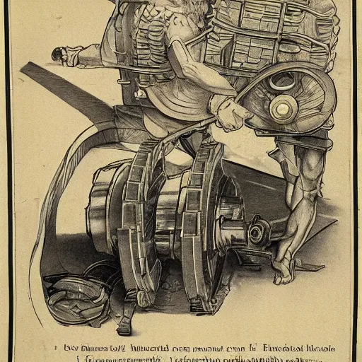 Image similar to a muscular bald man carrying engines on his back, technical diagram