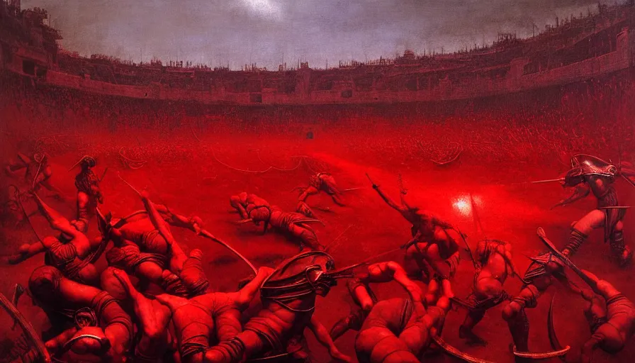 Image similar to only with red, bloody armored gladiator battle in a crowded roman amphitheatre, crowd cheering, in the style of beksinski and edward hopper and rodcenko and yue minjun and greg rutkowski, intricate and epic composition, red by caravaggio, highly detailed, masterpiece, red light, artstation, art nouveau