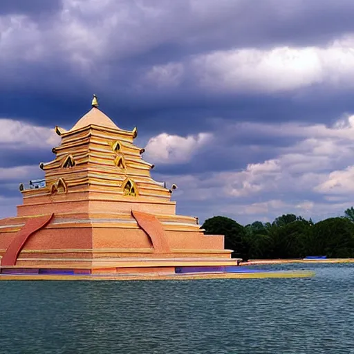 Image similar to floating temple in the middle of a large lake dedicated to the worship of sphynx cat