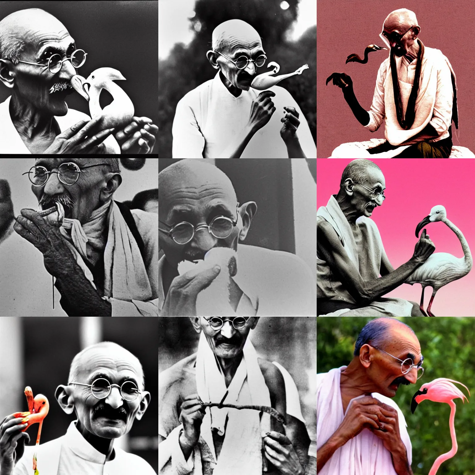 Prompt: Mahatma Gandhi eating a flamingo