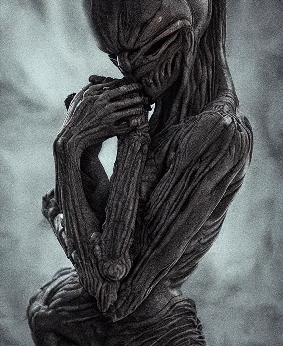 Image similar to xenomorph hugging pale sad beauty merging, dark mist colors, giger background liminal void, digital art, cinematic lighting, realistic, award winning photograph, various refining methods, micro macro autofocus