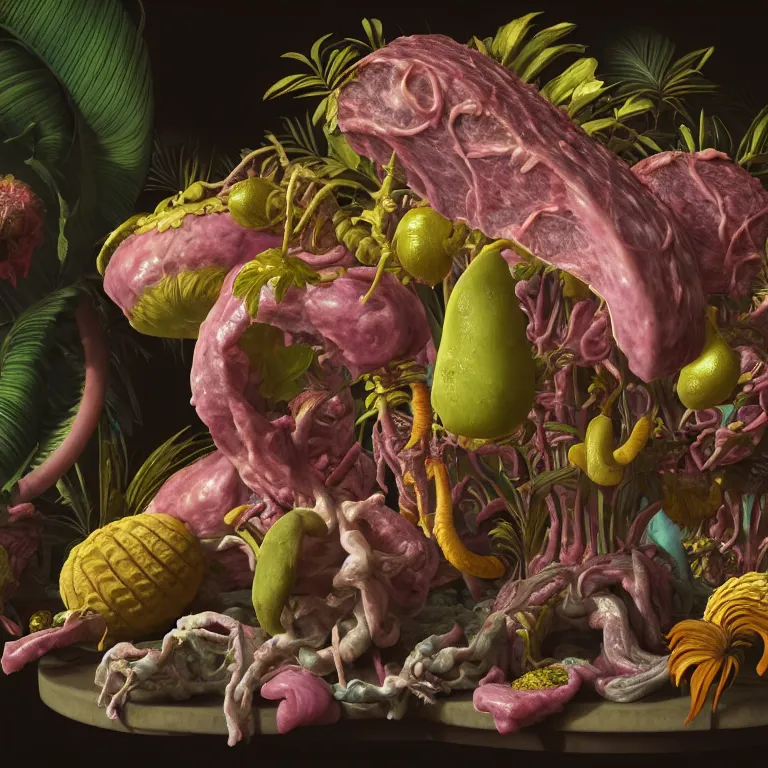 Image similar to still life of surreal alien pastel tropical flowers, rotten moldy meat flesh, colorful mold, surreal alien ribbed tropical fruit, white human spine, baroque painting, beautiful detailed intricate insanely detailed octane render, 8K artistic photography, photorealistic, chiaroscuro, Raphael, Caravaggio