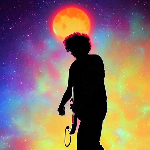 Prompt: silhouette of gustavo cerati playing guitar at the red moon in the universe, universe, stars, digital art