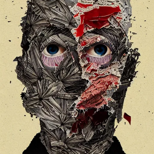 Image similar to face shredded like paper as skin peeling, dark, surreal, illustration, by ally burke