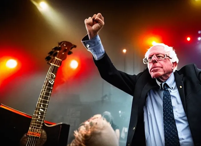 Image similar to publicity photo still of bernie sanders in a punk band playing live on stage, 8 k, live concert lighting, mid shot