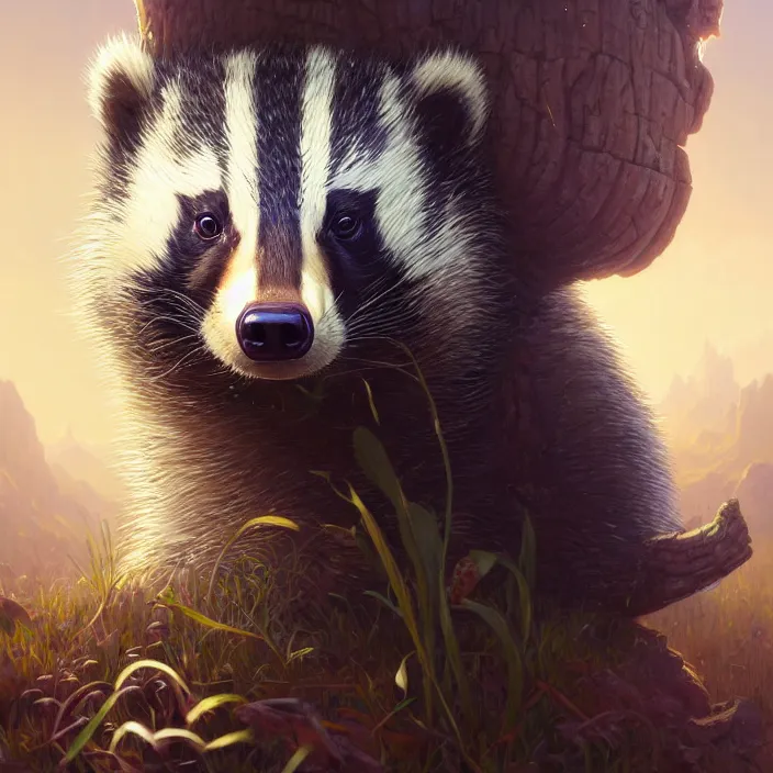 Image similar to highly detailed portrait of a cute badger, unreal engine, fantasy art by greg rutkowski, loish, rhads, ferdinand knab, makoto shinkai and lois van baarle, ilya kuvshinov, rossdraws, tom bagshaw, alphonse mucha, global illumination, radiant light, detailed and intricate environment