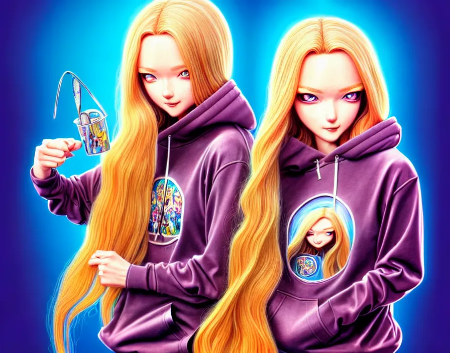 Image similar to richly detailed colored pencil 3D illustration of a beautiful polish woman with long metallic hair wearing a hoodie and short shorts that is evil and happy. mirrored background with completely rendered reflections, art by Range Murata and Artgerm.