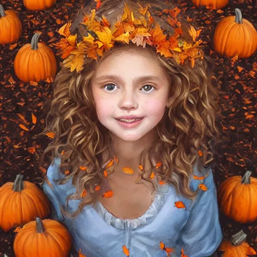 Image similar to a cute little girl with light brown wavy curly hair and blue eyes sitting amidst piles of pumpkins. beautiful cute highly detailed face. she is wearing a crown of autumn leaves. autumn and fall and halloween themed painting by artgerm and greg rutkowski and magali villanueve.