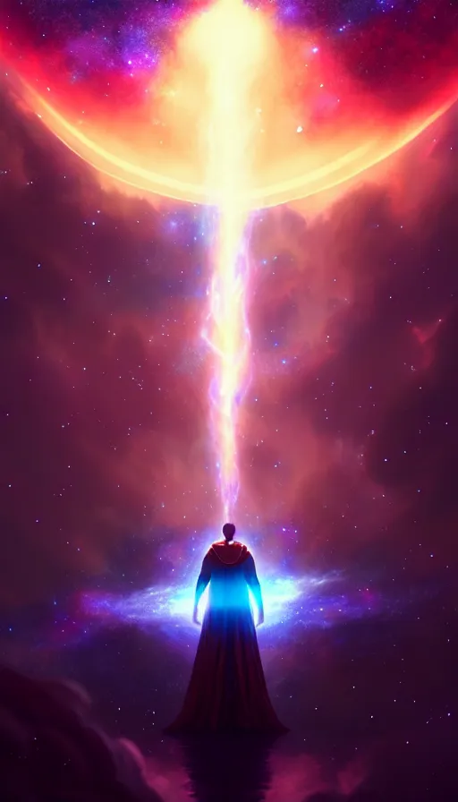 Image similar to celestial god with a cape, epic scene, colors, holy, full body, galaxy, and, stars, atmosphere, unreal engine, pixar, video game, ethereal, insanely, detailed, volumetric, symmetrical, concept art, charlie bowater, unreal engine, artstation, cinematic, video game, digital painting, artist maena