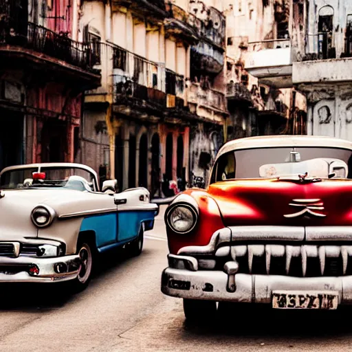 Image similar to vintage cars on the streets of havana cuba, golden hour, photo, 5 0 mm f 2. 5