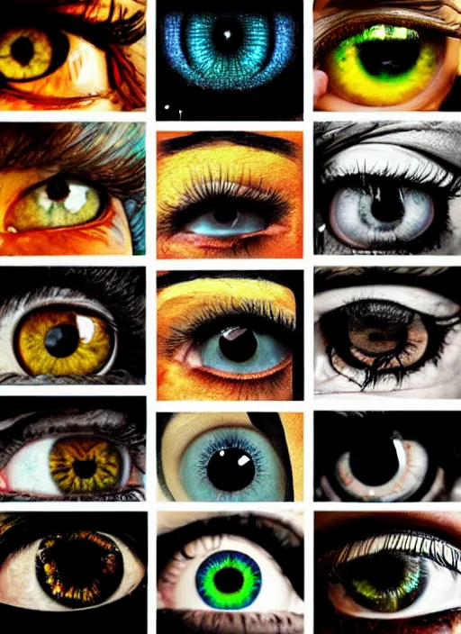 Image similar to grid montage of eyes, square dilated pupils, detailed colored textures, eyelashes, advanced art, art styles mix, from wikipedia, wet reflections in eyes, sunshine light, hd macro photograph, from side, various eyelid positions, square black pupil centered