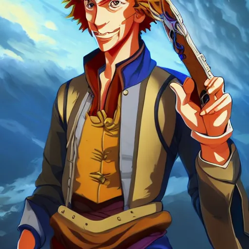 Image similar to portrait of guybrush threepwood as an arms merchant, anime fantasy illustration by tomoyuki yamasaki, kyoto studio, madhouse, ufotable, trending on artstation