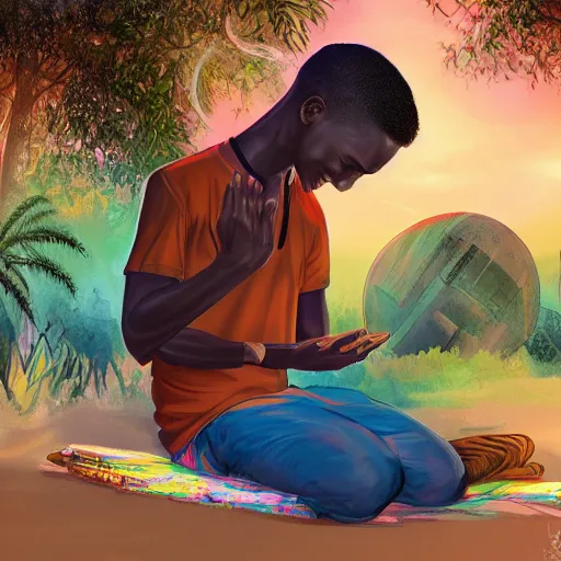 Prompt: concept art of beautiful futuristic, hyperrealistic, sci - fi, smiling african teen boy, peaceful, meditating, colourful digital art, colourful jungle, trending on artstation, detailed