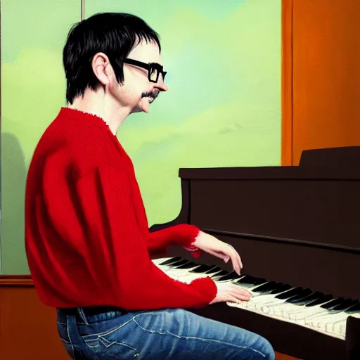 Prompt: An Oil Painting of Rivers Cuomo in a sweater with long hair and a mustache playing his piano in an apartment as a nuke drops onto the city outside his window next to him, hyperrealistic, extremely realistic, highly realistic, HD Quality, 4k resolution, 8k resolution, Detailed, Very Detailed, Highly Detailed, Extremely Detailed, Intricate Details, Real, Very Real, Oil Painting, Digital Painting, Painting, Trending on Deviantart, Trending on Artstation