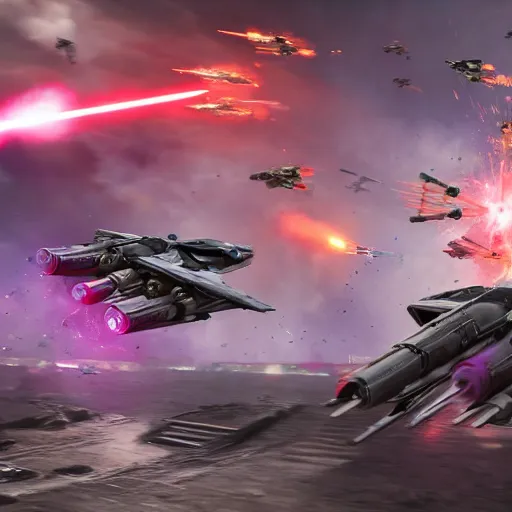 Image similar to action photography, fast paced, imperial jet commando troopers flying towards the battlefield, tactical warfare, blaster fire bright as neon, huge explosions, total chaos, epic star wars space battle on the background, trending on artstation, hi - res, 8 k, hyperrealist, breathtaking, groundbreaking, awe - inspiring, award - winning, octane render, unreal engine 5, arnold render